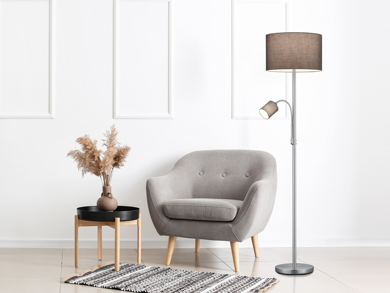 Große Stehlampe mit Leselampe, LED dimmbar, Stoffschirm Grau, Höhe 170cm
