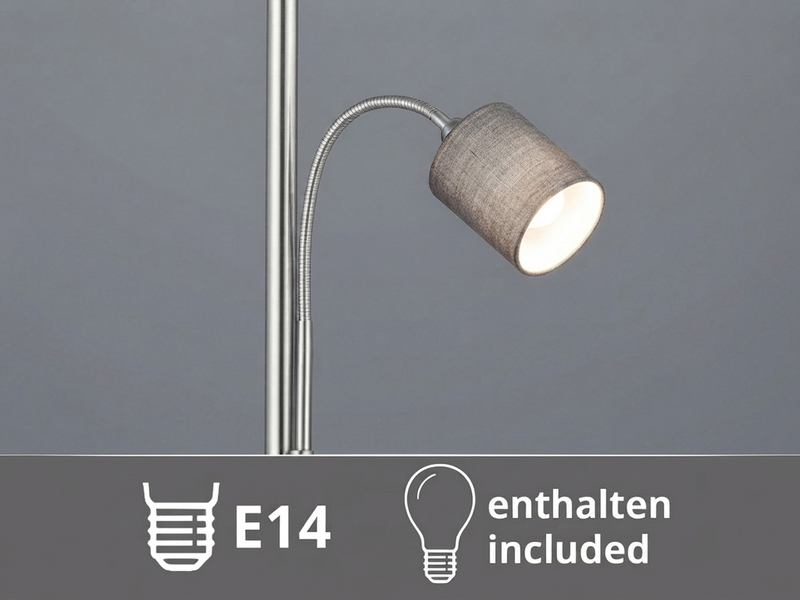 Große Stehlampe mit Leselampe, LED dimmbar, Stoffschirm Grau, Höhe 170cm