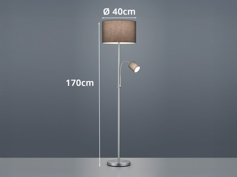 Große Stehlampe mit Leselampe, LED dimmbar, Stoffschirm Grau, Höhe 170cm
