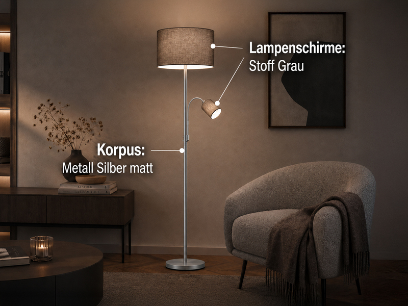 Große Stehlampe mit Leselampe, LED dimmbar, Stoffschirm Grau, Höhe 170cm