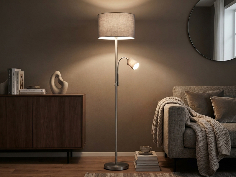 Große Stehlampe mit Leselampe, LED dimmbar, Stoffschirm Grau, Höhe 170cm
