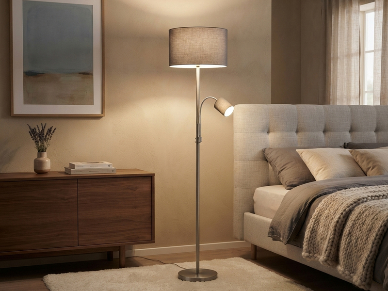 Große Stehlampe mit Leselampe, LED dimmbar, Stoffschirm Grau, Höhe 170cm