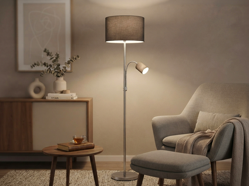 Große Stehlampe mit Leselampe, LED dimmbar, Stoffschirm Grau, Höhe 170cm