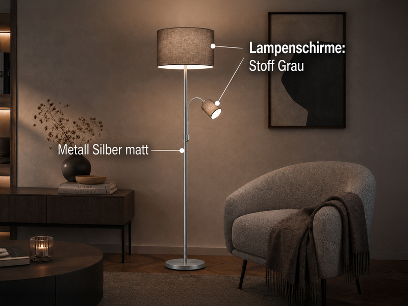 Große Stehlampe mit Leselampe, LED dimmbar, Stoffschirm Grau, Höhe 170cm