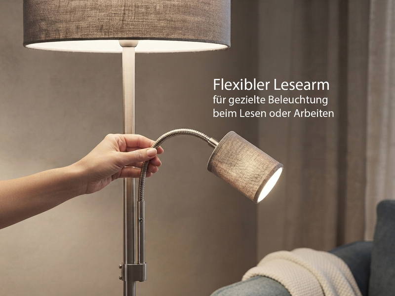 Große Stehlampe mit Leselampe, LED dimmbar, Stoffschirm Grau, Höhe 170cm