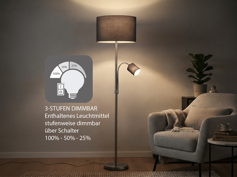 Große Stehlampe mit Leselampe, LED dimmbar, Stoffschirm Grau, Höhe 170cm