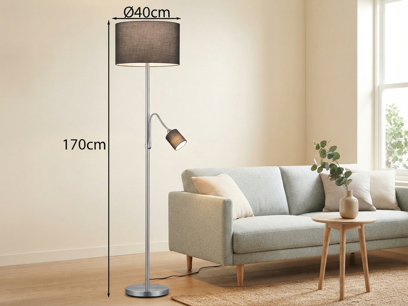 Große Stehlampe mit Leselampe, LED dimmbar, Stoffschirm Grau, Höhe 170cm
