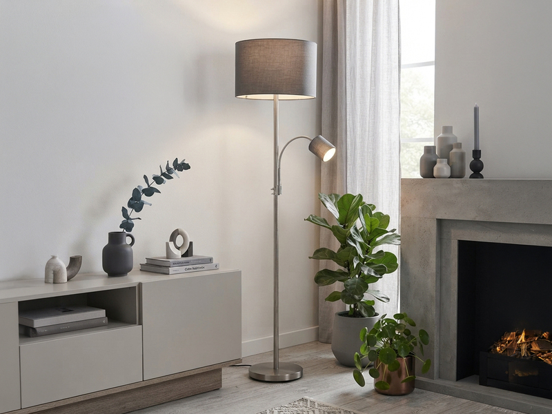 Große Stehlampe mit Leselampe, LED dimmbar, Stoffschirm Grau, Höhe 170cm