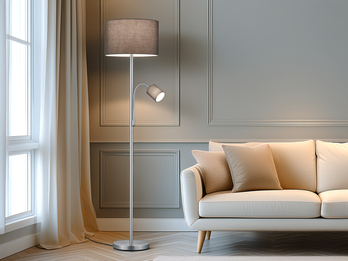 Große Stehlampe mit Leselampe, LED dimmbar, Stoffschirm Grau, Höhe 170cm