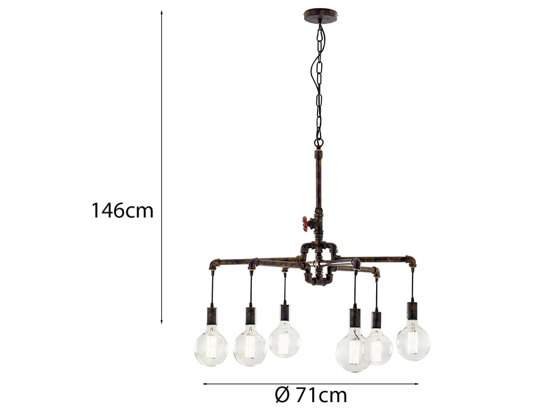 Kronleuchter AMARCORD 6-flammig Wasserrohr Optik Rost, Ø 71cm