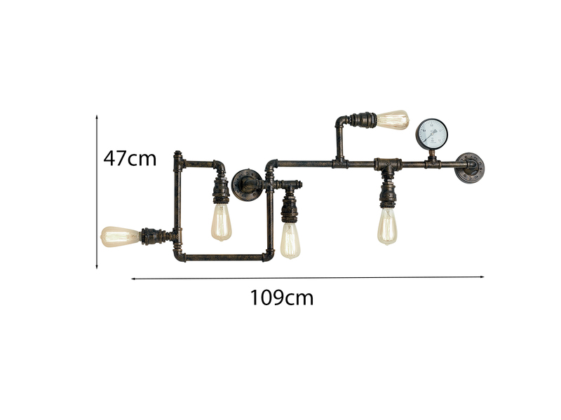 LED Wandleuchte 5-flammig in Wasserrohr Optik, Rost, Breite 109cm