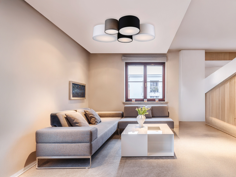 LED Deckenleuchte mit fünf Stoffschirmen mehrfarbig, Breite 90cm