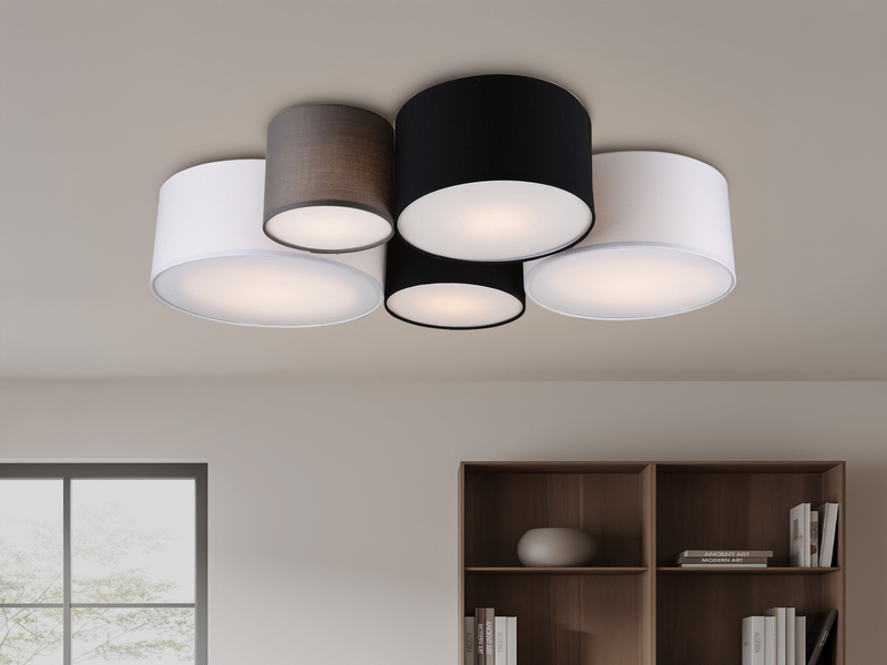 LED Deckenleuchte mit fünf Stoffschirmen mehrfarbig, Breite 90cm
