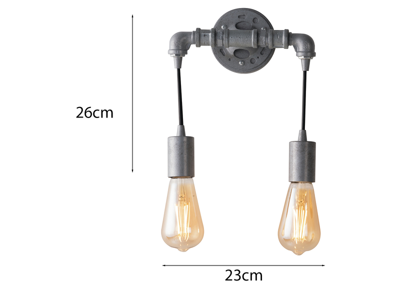 Wandleuchte AMARCORD 2-flammig in Wasserrohr Optik Grau Antik, Höhe 26cm