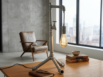 Große Tischleuchte AMARCORD in Wasserrohr Optik, Grau antik, Höhe 61cm