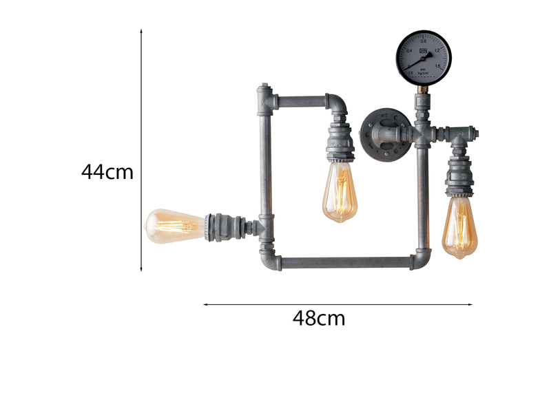 Wandleuchte AMARCORD 3-flammig in Wasserrohr Optik, Grau antik, Breite 48cm