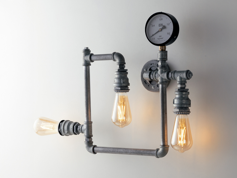 Wandleuchte AMARCORD 3-flammig in Wasserrohr Optik, Grau antik, Breite 48cm