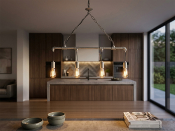 Pendelleuchte AMARCORD 4-flammig Wasserrohr Optik in Grau antik, Breite 86cm