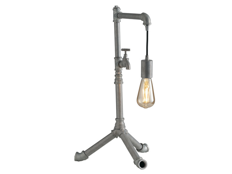 Große LED Tischlampe in Industrial Wasserrohr Optik, Grau antik