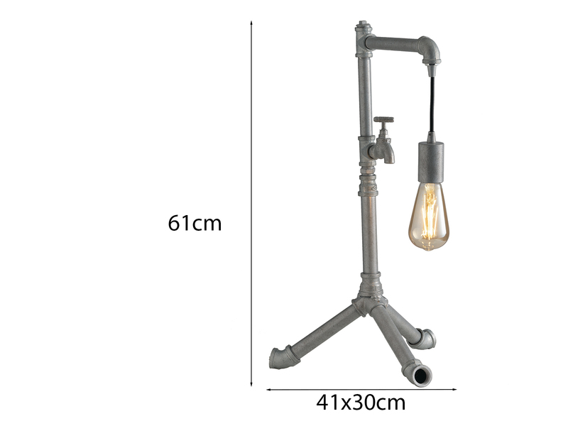 Große LED Tischleuchte in Wasserrohr Optik, Grau antik, Höhe 61cm