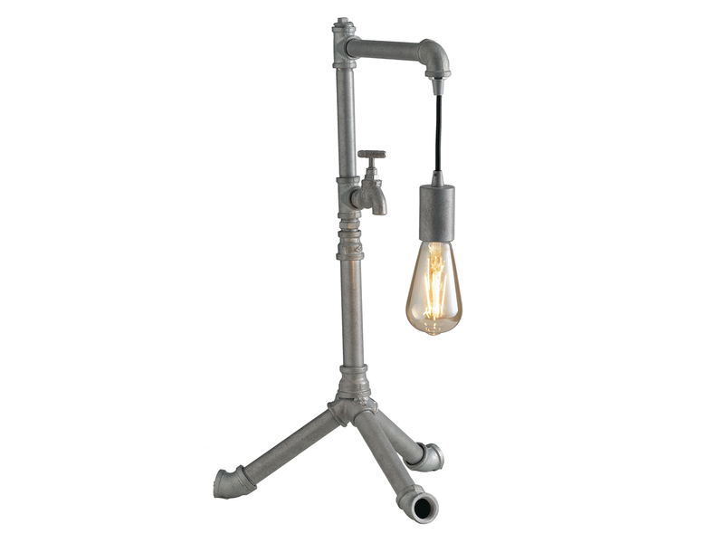 Große LED Tischleuchte in Wasserrohr Optik, Grau antik, Höhe 61cm