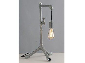 Große LED Tischlampe in Industrial Wasserrohr Optik, Grau antik