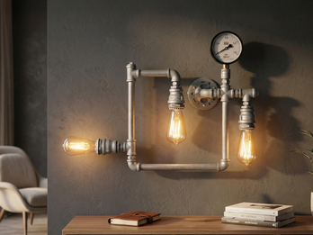 LED Wandleuchte 3-flammig in Wasserrohr Optik, Grau antik, Breite 48cm