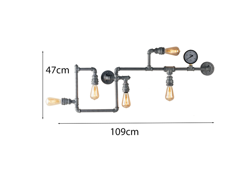 LED Wandleuchte 5-flammig in Wasserrohr Optik, Grau antik, Breite 109cm