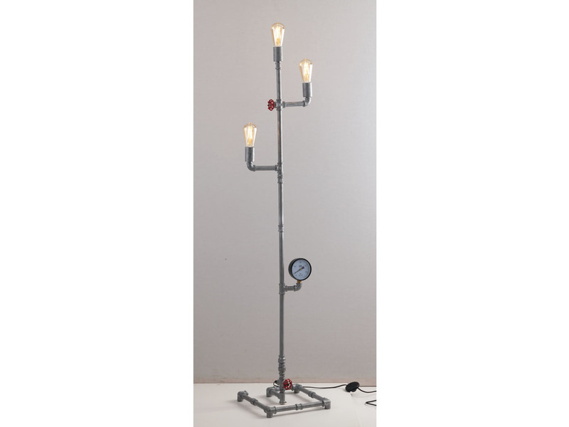 LED Stehlampe im Industriedesign 3-flammig Wasserrohr Optik, Grau antik
