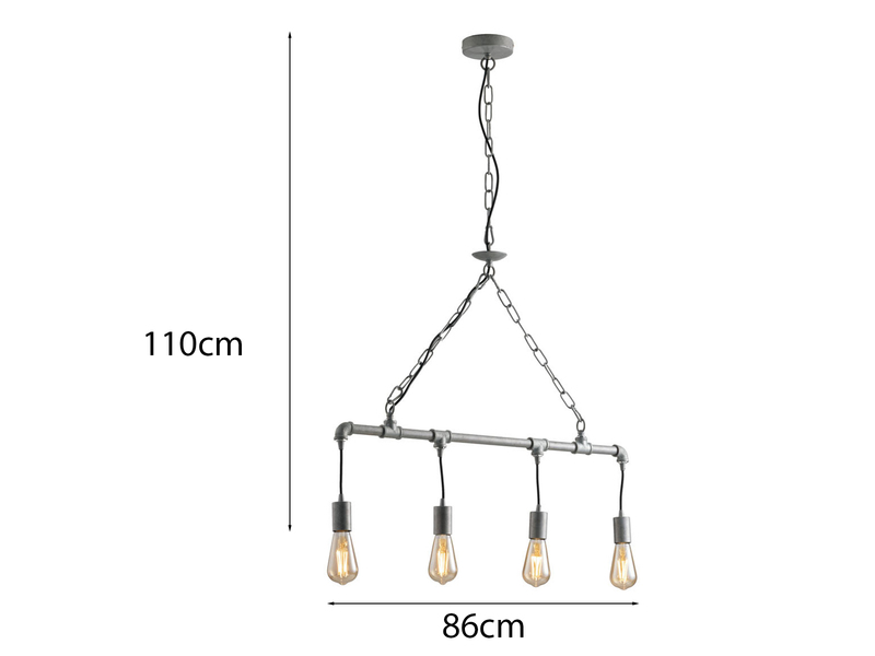 LED Balkenpendelleuchte 4-flammig in Industrial Wasserrohr Optik, grau antik