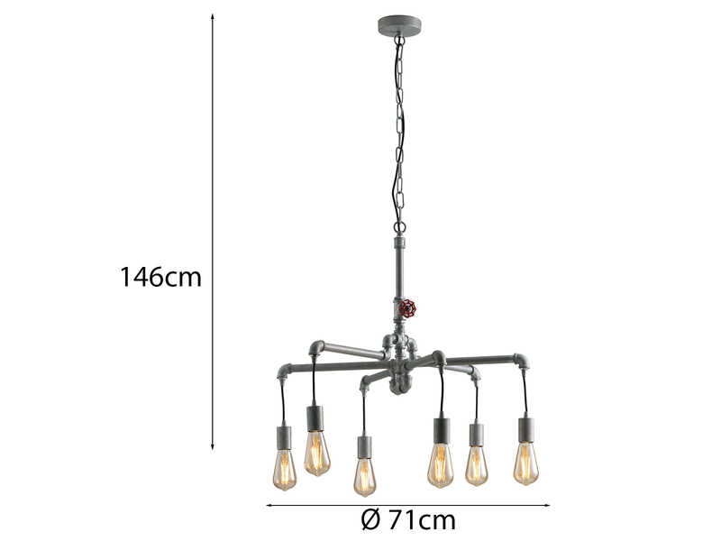 LED Kronleuchter 6-flammig Grau Antik, Wasserrohr Industrial, Ø 72cm