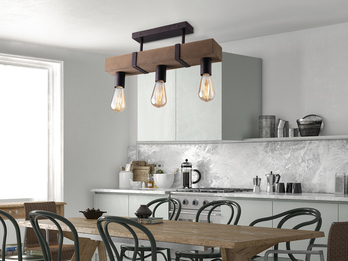 Ausgefallene Vintage LED Deckenlampe mit Holzbalken 3-flammig, Breite 50cm