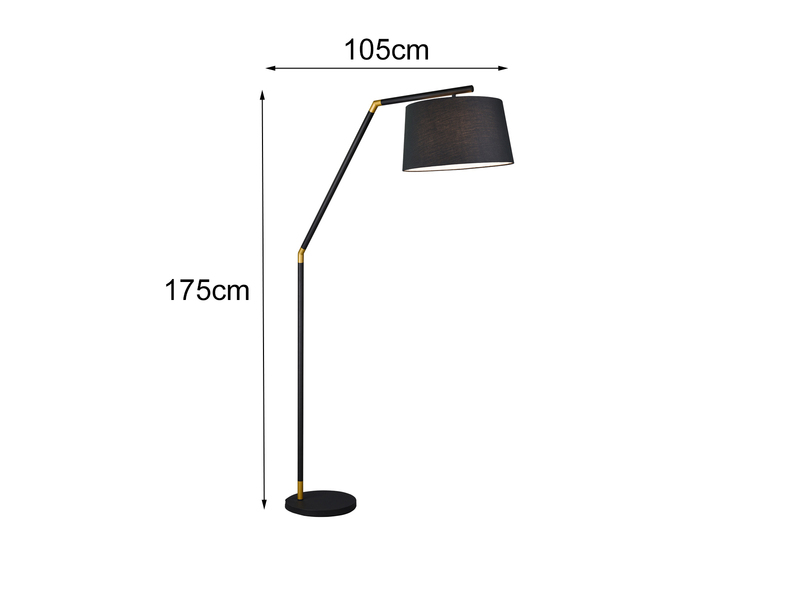 LED Bogenleuchte Metall Schwarz Gold mit Stoffschirm Schwarz, Höhe 175cm