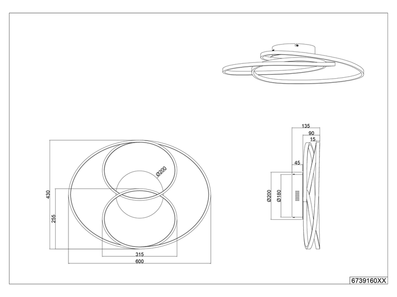Große LED Deckenlampe GALE Schwarz, dimmbar über Schalter, Breite 60cm