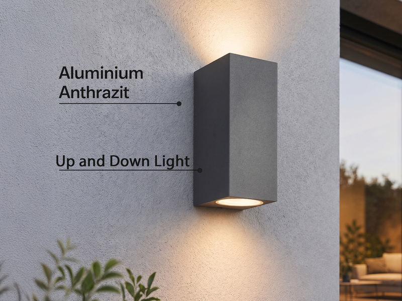 Eckige Außenwandleuchte ROYA Up and Down aus Aluminium Anthrazit, Höhe 15cm