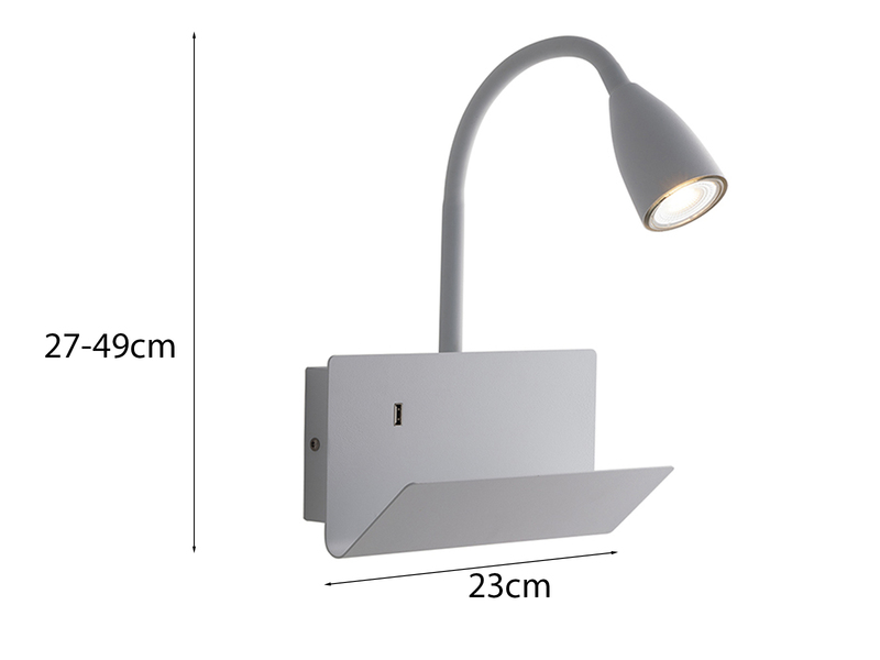 Schwanenhals Leselampe GULP Weiß mit Ablage & USB-Ladefunktion, B. 23cm