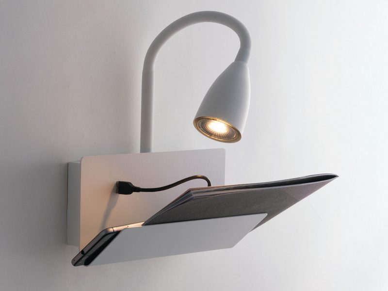 Schwanenhals Leselampe GULP Weiß mit Ablage & USB-Ladefunktion, B. 23cm