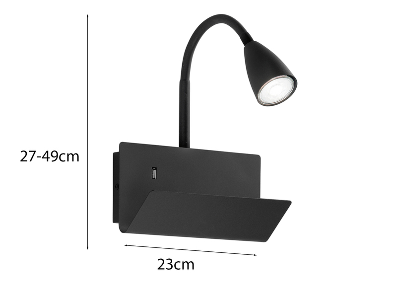Schwanenhals Leselampe GULP Schwarz mit Ablage & USB-Ladefunktion, B. 23cm