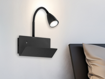 Schwanenhals Leselampe GULP Schwarz mit Ablage & USB-Ladefunktion, B. 23cm