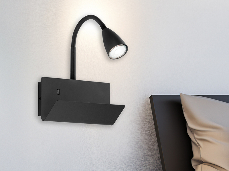 Schwanenhals Leselampe GULP Schwarz mit Ablage & USB-Ladefunktion, B. 23cm