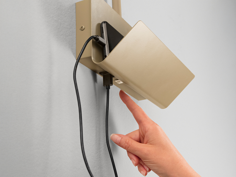 Flexible USB Leselampe GULP Braun, Wandleuchte mit Ablage & Ladefunktion