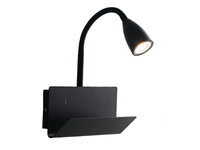 Flexible USB LED Leselampe Schwarz, Wandleuchte mit Ablage & Ladefunktion