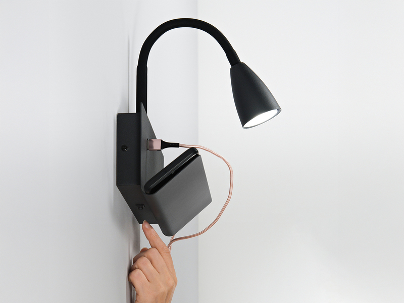 LED Schwanenhals Leselampe Schwarz mit Ablage & USB-Ladefunktion, B. 23cm