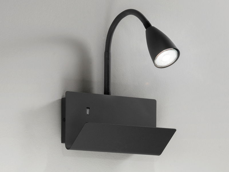 LED Schwanenhals Leselampe Schwarz mit Ablage & USB-Ladefunktion, B. 23cm