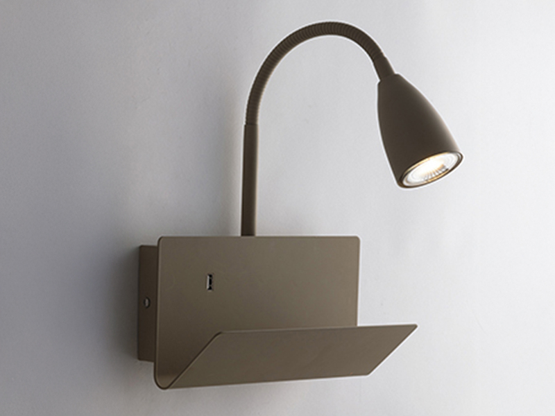 LED Schwanenhals Leselampe Braun mit Ablage & USB-Ladefunktion, B. 23cm