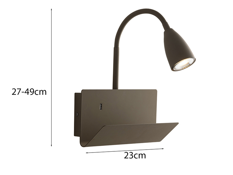 LED Schwanenhals Leselampe Braun mit Ablage & USB-Ladefunktion, B. 23cm