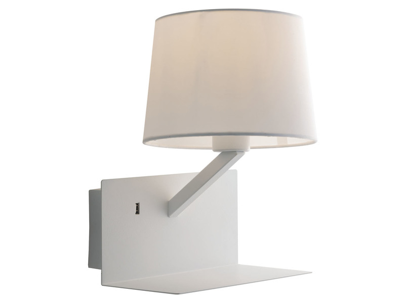 LED Wandleuchte Weiß & Stoffschirm mit USB Ladefunktion & Ablage, Höhe 31cm