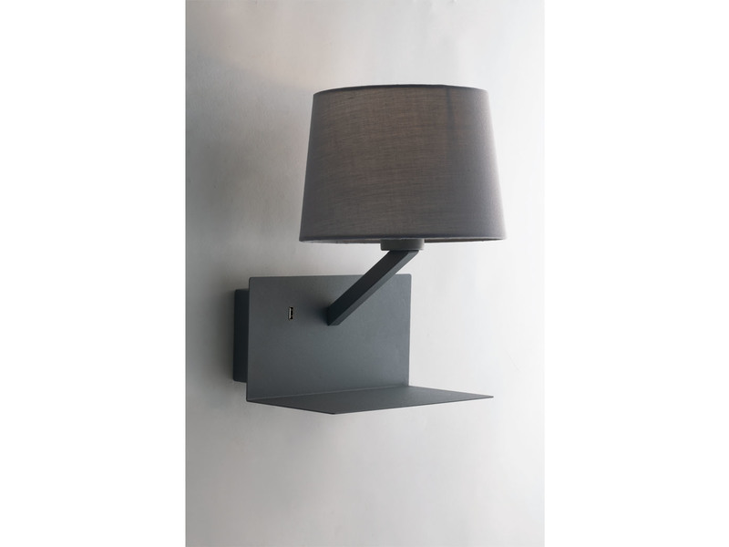 LED Wandleuchte Grau & Stoffschirm mit USB Ladefunktion & Ablage, Höhe 31cm