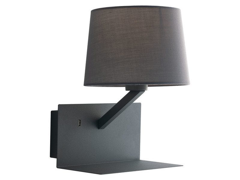 LED Wandleuchte Grau & Stoffschirm mit USB Ladefunktion & Ablage, Höhe 31cm
