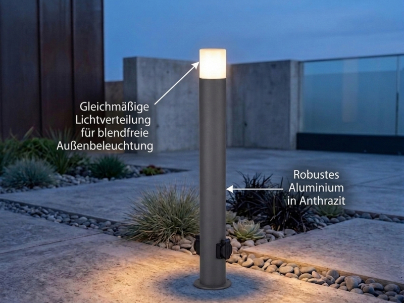 LED Wegeleuchte aus Aluminium Anthrazit mit 2 Steckdosen, Höhe 80cm